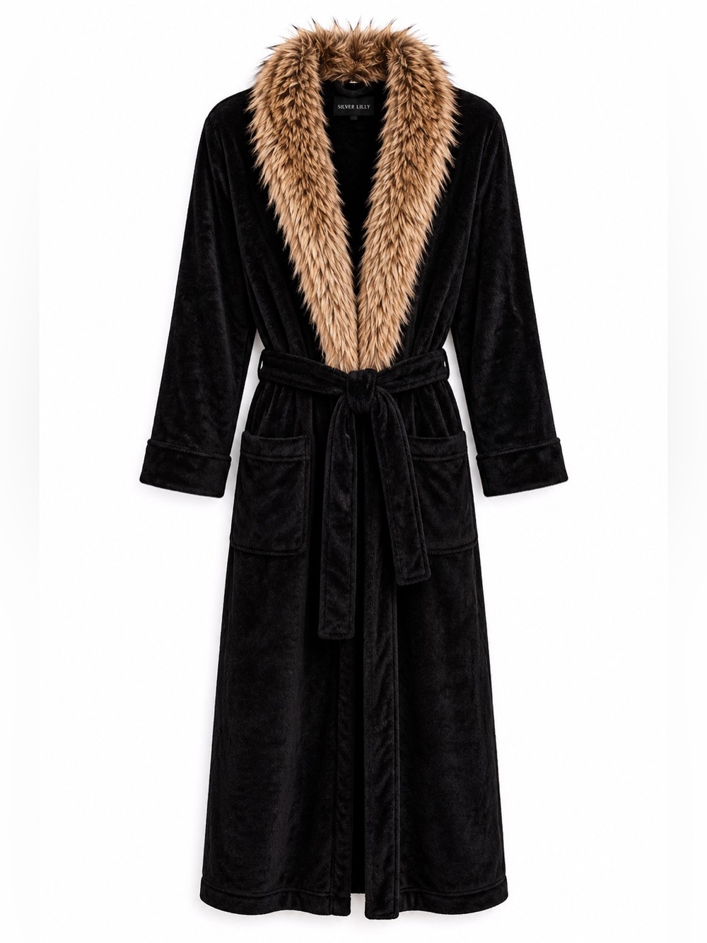 Silver Lilly Black Plush Robe Faux Fur Collar One Size Long Cozy Luxury Lounge
